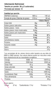 tabla nutricional granola con stevia 350g